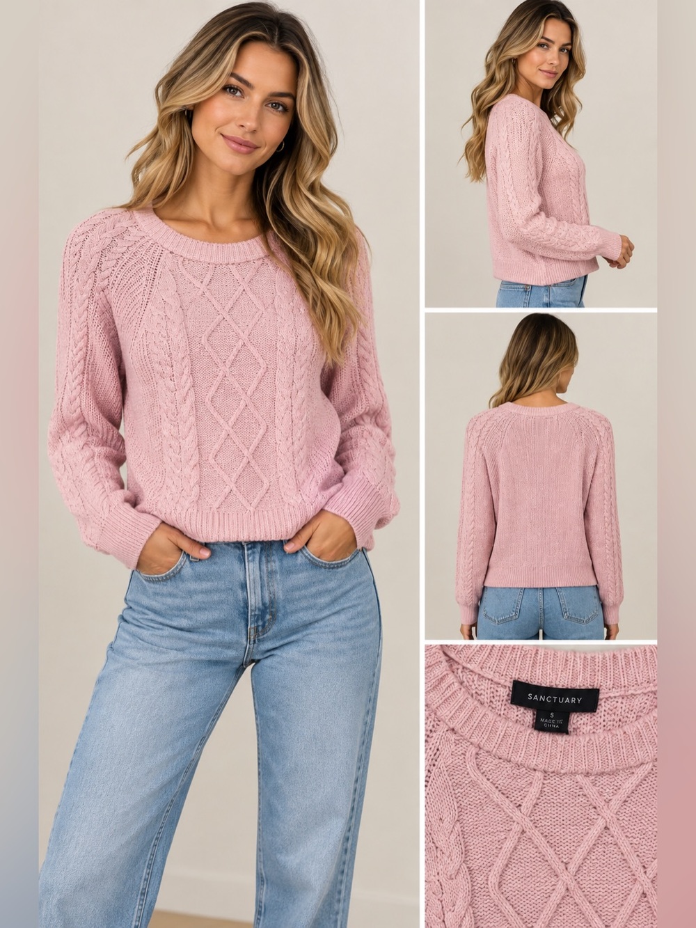 Sanctuary Pink Cable Knit Sweater Size Small NWT Cozy Crewneck